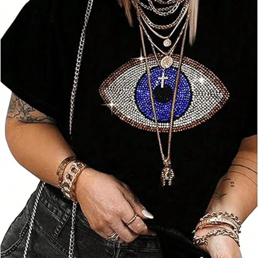 Women's Rhinestone Embellished Graphic Print Round Neck Short Sleeve Tee Shirts - màu đen - Xem 1