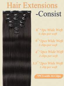 7片/套 Remy真人发夹式接发，1B自然黑，柔软直发，双层缝制 - S1B - 查看 6