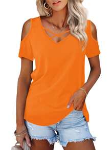 GEREARC Womens Summer Shirts V Neck Criss Cross Cold Shoulder Tops Solid Color Fashion Cute Loose Sexy Blouse