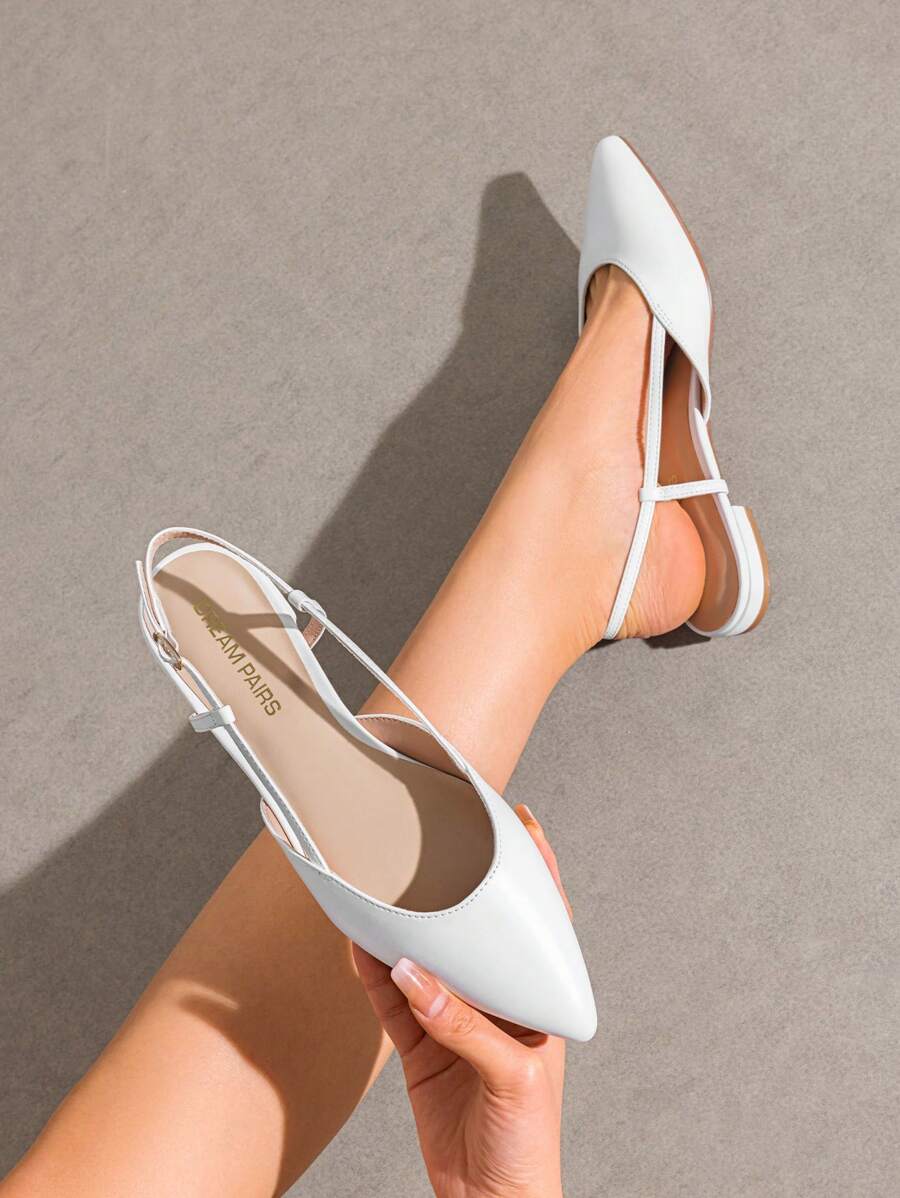 Women Flats Slingback Pointed Toe Elegant Lady Ballet Flats With Adjustable Buckle Strap Chic Fashion Low Heel Dress Casual Work Office Party Shoes - 白色 - 查看 1