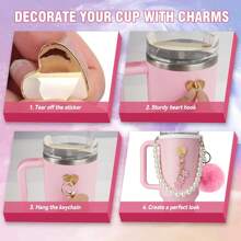 Set de 7 accesorios para taza, que incluye 1 pieza de correa para botella de agua con asa de perlas falsas, 1 pieza de bota de silicona, 1 pieza de tapa con pajita de silicona, 1 pieza de gancho con forma de corazón, 2 piezas de encantos para tumblers de 40 oz y 30 oz - Perfecto para el Día de la Mujer, San Valentín, Día de la Madre, útiles escolares