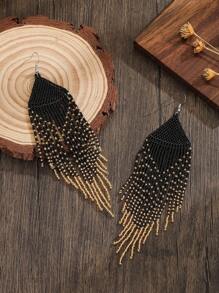 Bohemian Style Beaded Dangle Earrings, Black Ombre Long Tassel Drop Design, Elegant Sparkly Handmade Glassy Beaded, Versatile For Women's Daily, Vacation, Gifting, Suitable For Valentine's Day, Holidays,Mom,Mother,Mother's Day,Gift