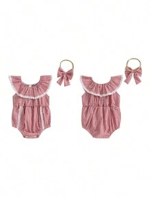 Baby Girls Rompers Plaid Lace Tassel Ruffles Elastic Collar Infant Bodysuits Jumpsuits With Headband - Red - View 6