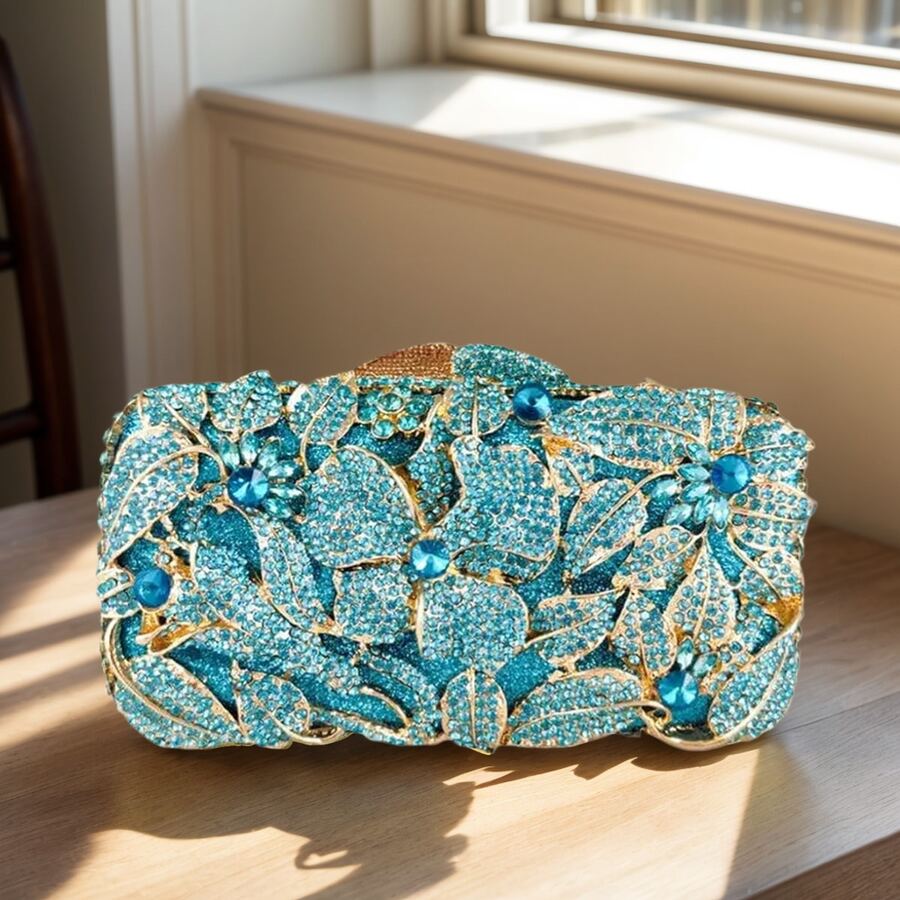 Women Sparkly Flower Rhinestone Clutch Purse Blue Floral Diamond Evening Bag For Wedding Prom - 藍色 - 查看 1