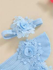 Newborn Baby Girl 1st Birthday Outfit Floral Lace Tulle Romper Tutu Dress Cake Smash Princess Boho Clothes Photo Shoot - Màu xanh lam - Xem 5