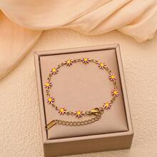 1pc Women Stainless Steel Colorful Daisy Flower Chain Bracelet, Fashion Everyday Versatile - Multicolor - View 11