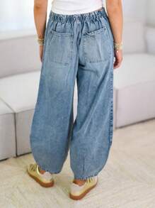 Women Jeans, Elastic Waist Tie-Up Solid Loose Trousers Streetwear With Pockets For Daily - Light Blue - View 2
