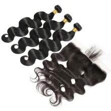 Brazilian Human Hair Bundles With Frontal Body Wave Bundles With Lace Frontal Unprocessed Virgin Quick Weave 3 Bundles With 13x4 Lace Front Pre-Plucked With Baby Hair Natural Color - Black - View 2