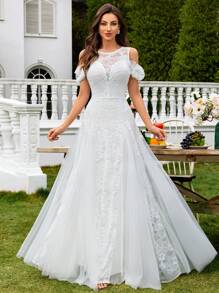 MIUSOL Deep V-Neck Floral Lace Cold Shoulder White Wedding Party Maxi Dress - White - View 2