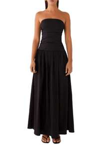 Women Tube Top Maxi Dress Elegant Sleeveless Strapless Ruched Flowy Dress Summer Long Wedding Party Cocktail Dresses - Black - View 1