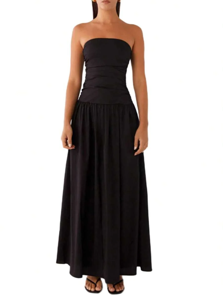 Women Tube Top Maxi Dress Elegant Sleeveless Strapless Ruched Flowy Dress Summer Long Wedding Party Cocktail Dresses - Black - View 1