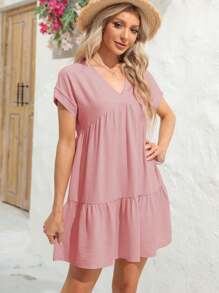 Stylish V Neck Babydoll Dress 2026 Summer Short Sleeve Loose And Flowy Mini Tunic For A Playful Look - Hồng - Xem 2