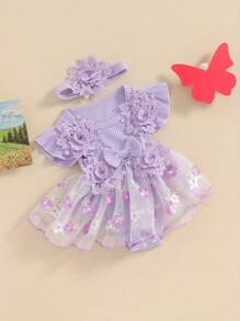 Newborn Baby Girl 1st Birthday Outfit Floral Lace Tulle Romper Tutu Dress Cake Smash Princess Boho Clothes Photo Shoot - 紫色 - 查看 3