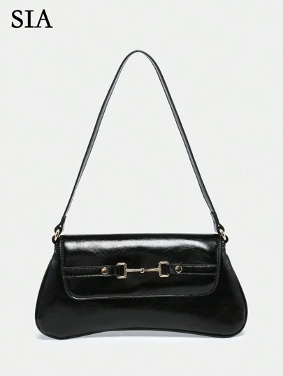 1 件复古简约马蹄扣金属装饰单肩腋下法棍包，适合约会、郊游、派对、情人节