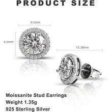 QUEENOU Moissanite Earrings, VVSI Quality D Color Round Cut, Lab-Created, 18K White Gold Plated, Double Halo Design – Creative Gift For Women And Men - 銀子 - 查看 7