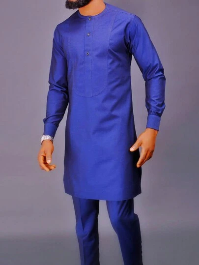 Plus Size Men Dashiki Set, 3D Tailored, Button, Long Sleeve, Elastic Waist Pants, African Clothing, 2pcs Casual Shirt & Trousers Set, New Design, Suitable For Wedding, Party, Dating, Daily Wear, Cultural Events, Traditional Ceremonies