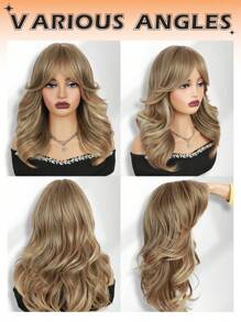 编织假发优雅卷发波浪中长女士假发 - 唐长纤维，玫瑰网帽，150% 密度，适合所有人 - 棕色 - 查看 2
