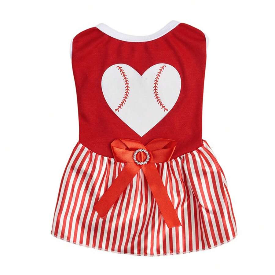 Vestido para perro de San Valentín, bonito vestido transpirable con estampado de rayas y corazón de béisbol para primavera y verano - Rojo - Ver 1