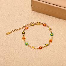 1pc Women Stainless Steel Colorful Daisy Flower Chain Bracelet, Fashion Everyday Versatile - Multicolor - View 3