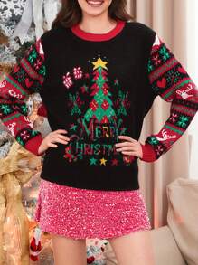 Women Christmas Sweater Long Sleeve Crew Neck Tree Letters Pullover Sweater Winter Sweater - Black - View 2