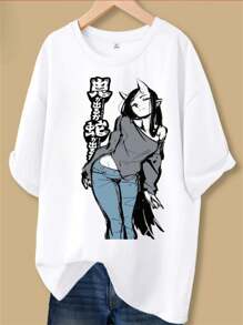 220g Heavyweight Pure Cotton Anime Style T-Shirt - Stylish Girl With Japanese Text Print - White - View 1