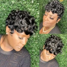 Peluca corta con corte pixie ondas sueltas y rizos elegantes para mujer, cabello humano brasileño con rizos sueltos, peluca pixie con corte completo fabricada a máquina, peluca sin pegamento de 6 pulgadas - Negro - Ver 8