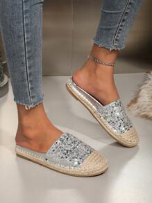 OMS 2024 新款夏季女士休闲穆勒平底鞋，百搭舒适妈妈鞋，绳底，一脚蹬乐福鞋，链条装饰，适合所有季节