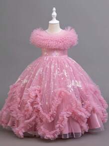 闪光泡泡纱花卉印花派对礼服,优雅正式礼服,适合年轻女孩公主舞会礼服 - 藕粉色 - 查看 2