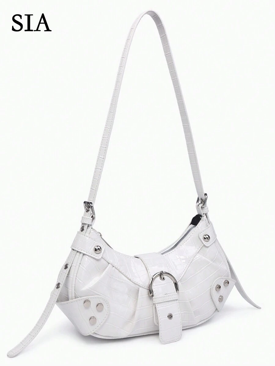 Sac bandoulière vintage portable et léger pour femmes : style punk et gothique Y2K, sac à main moto végétalien avec rivets, chaînes métalliques et bandoulière réglable - accessoires pour ados, étudiantes, mode de rue, concerts, festivals de musique et tenues audacieuses.