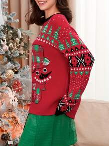 Ugly Christmas Sweaters For Women Funny Snowman Snowflake Print Long Sleeve Knitted Crew Neck Pullover Sweater Cute Xmas Sweater - Red - View 5