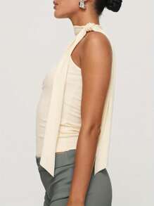 Women Y2K High Neck Tank Tops Sleeveless Slim Summer Shirts Going Out Mock Neck Bow Tie Cami Top With Scarf - Ivory - View 4