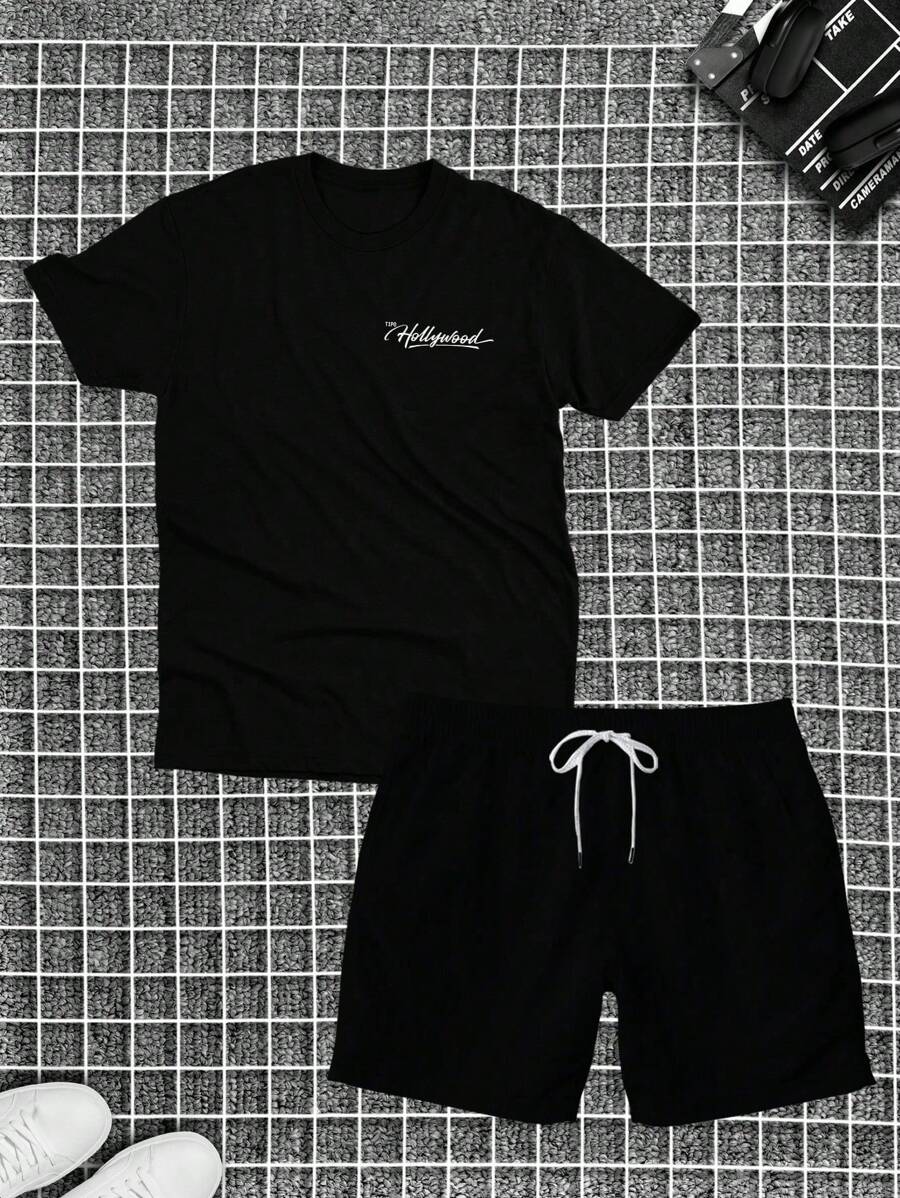 Cotton T-Shirt + Tectel Shorts Set For Men, Adult, New HL - 黑色 - 查看 1