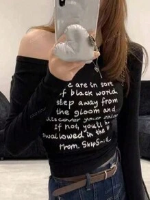 Women's Off Shoulder Letter Print T-Shirt, Slim Fit Stretchy Tee For Early Autumn
