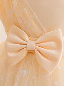 H HIBOBI Asymmetric Sleeve Cape Decor Bow Accent Tulle Party Dress For Baby Girls, Birthday - Champagne - View 5