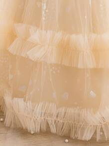 H HIBOBI Asymmetric Sleeve Cape Decor Bow Accent Tulle Party Dress For Baby Girls, Birthday - Champagne - View 6