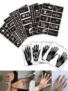 海娜临时纹身模板，蕾丝花图案人体彩绘海娜纹身，适用于手部、足部、身体皮肤，防水假纹身模板套装，男女通用 - 黑色 - 查看 1