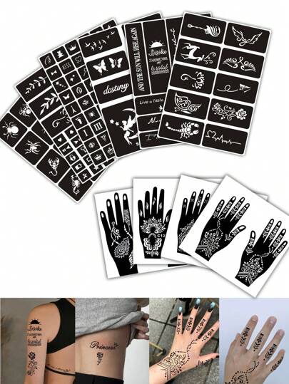 海娜临时纹身模板，蕾丝花图案人体彩绘海娜纹身，适用于手部、足部、身体皮肤，防水假纹身模板套装，男女通用