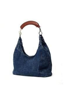 Women's Fashionable Tote Bag With Distinctive Wooden Handle Design, Chic And Versatile, Large Capacity Denim Effect With Elegant Feel, Suitable For Going Out, Dates, Photography, Commuting, Work, Office Daily Use Winter Gifts - Blue - View 13