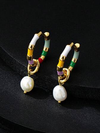 1 Pair Natural Baroque Freshwater Pearl Pendant Earrings, Enamel Bamboo Knot Earrings For Women, Unique Design Party Carnival Earrings