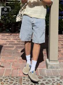 男士简约百搭纯色街头休闲时尚牛仔短裤，夏季 - 藍色 - 查看 2