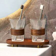 2pcs High-Quality Bamboo Wood Buckle Waist Wash Cup, Couple's Toothbrush Holder, Valentine's Day Gift - Transparent - View 5