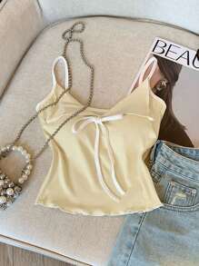 Damen sexy farbblockiges V-Ausschnitt Schleifen Rüschen Saum verstellbare Träger Bustier Top für Yoga & Sport