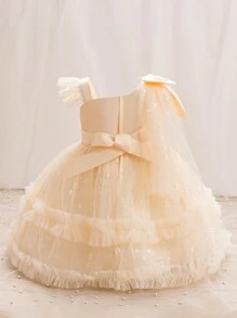 H HIBOBI Asymmetric Sleeve Cape Decor Bow Accent Tulle Party Dress For Baby Girls, Birthday - Champagne - View 2