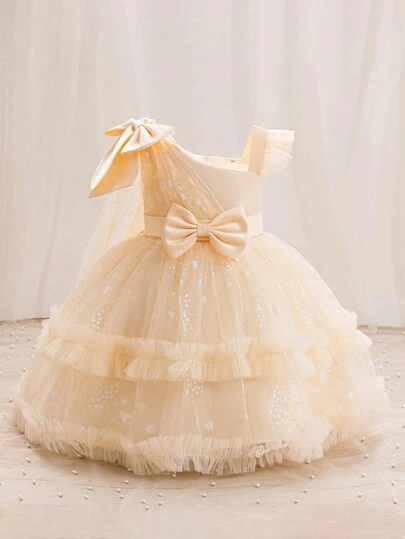 H HIBOBI 不对称袖斗篷装饰蝴蝶结点缀薄纱派对礼服，适合女婴、生日