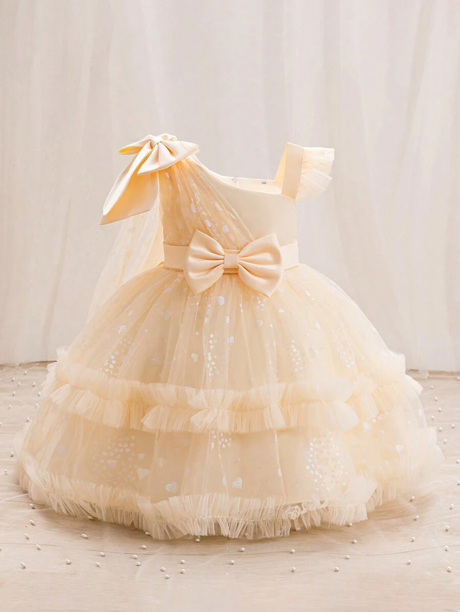 H HIBOBI Asymmetric Sleeve Cape Decor Bow Accent Tulle Party Dress For Baby Girls, Birthday - Champagne - View 1