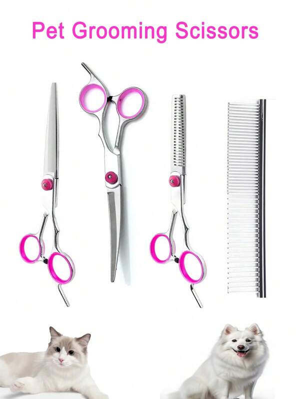 Pet Grooming Scissors Set - Professional Straight Shear, Thinning Scissors, Curved Scissors, And Metal Comb, Pink