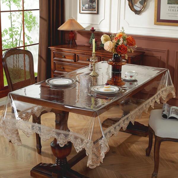 1pc Table Cover, PVC Tablecloth, Waterproof And Oil-Proof Table Cover, Non-Slip Lace Border Table Cover, Dust-Proof Dining Mat For Kitchen, Restaurant, Party Decor, Home Supplies