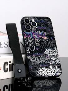 1 个黑色 TPU 街头涂鸦文字图案防震手机壳和 1 个黑色手榴弹扣腕带，兼容手机壳，兼容三星 Galaxy A14、A54、A52、A31 4G、A23、Redmi Note 8 Pro、Note 11 Pro 4G、Note 12 4G、OPPO A54、16 Pro Max 防水防摔防刮
