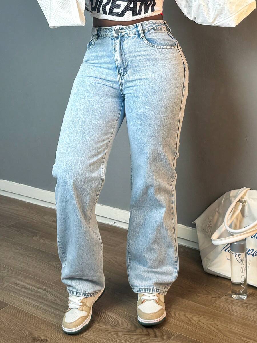 Women Casual Straight-Leg Jeans, Fashion Simple Style, Button, Zipper, Solid Color Denim Pants,Suitable For All Occasions - 淺色水洗藍 - 查看 1