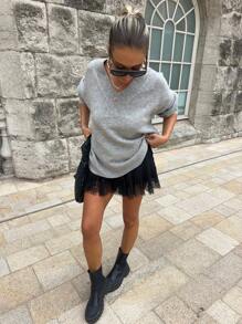 Awevudst Women Eyelash Lace Trim Short Mini Skirt High Waist Pleated Ruffle Half Slip Underskirts Layered Satin Short A-Line Skirt Beachwear Party Clubwear - màu đen - Xem 3